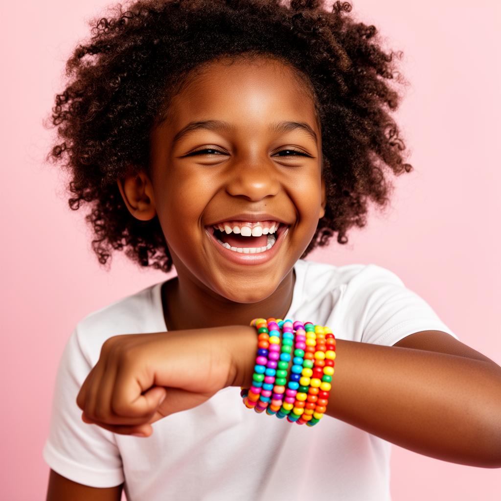 Smiling girl wearing a stack of rainbow beaded bracelets