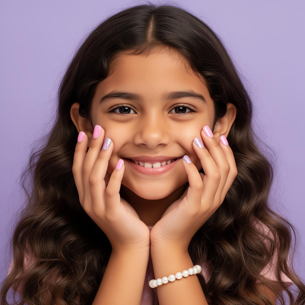 Hispanic girl smiling and showing off her pastel press-on nails and pearl bracelet