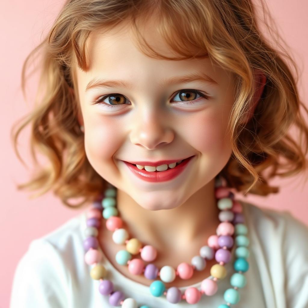 Smiling girl wearing layered pastel beaded necklaces and bracelets