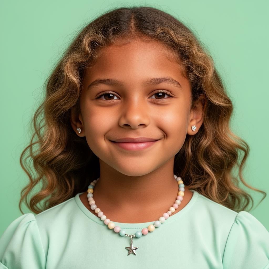 Young girl wearing a pastel beaded charm necklace with star pendant