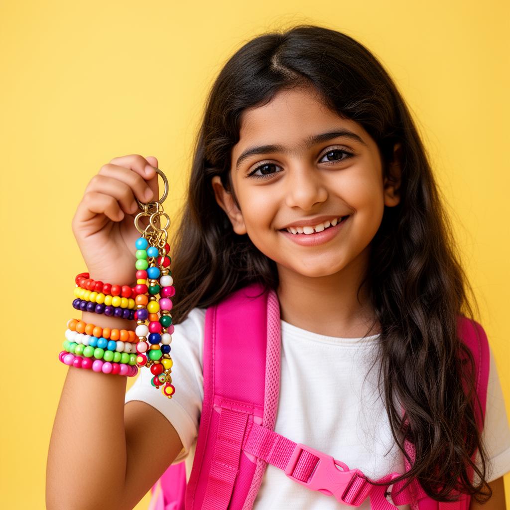 Girl holding a beaded keychain with stacked bracelets on her wrist