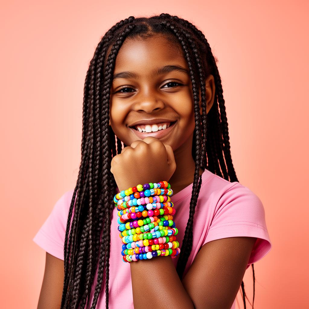 Smiling girl with a tall stack of colorful beaded bracelets